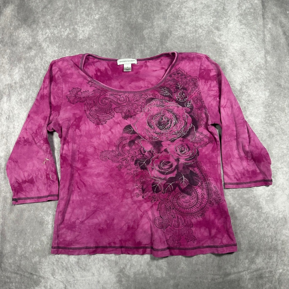 Christopher & Banks Womens M Pink Tie Dye Rose Rhinestone 3/4 Sleeve Top Y2K